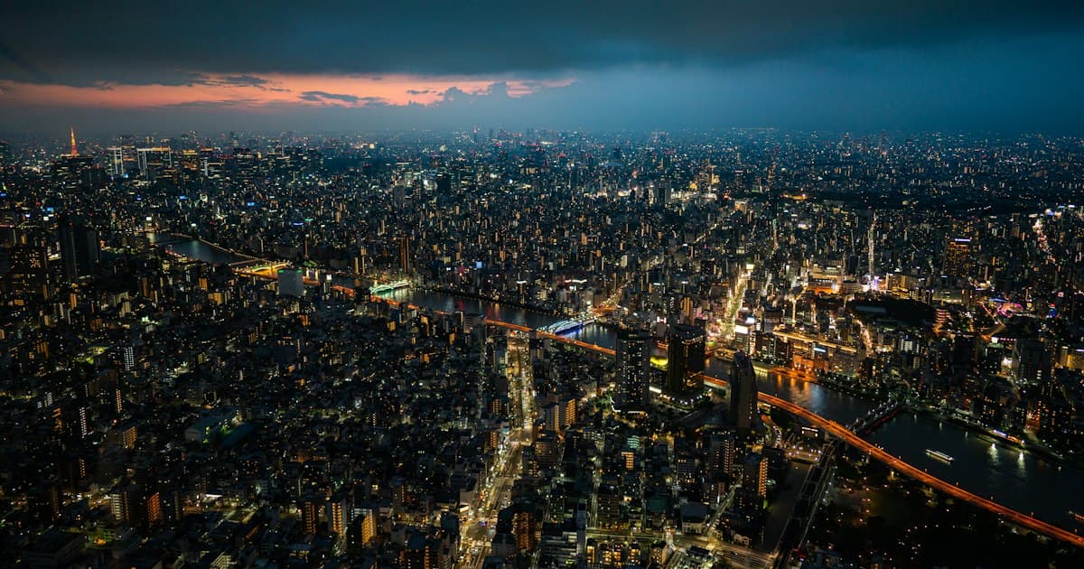 夜の東京の市街地を上空から見た風景