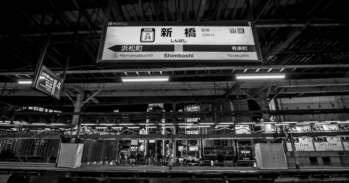 モノクロで撮影された東京の駅のホーム